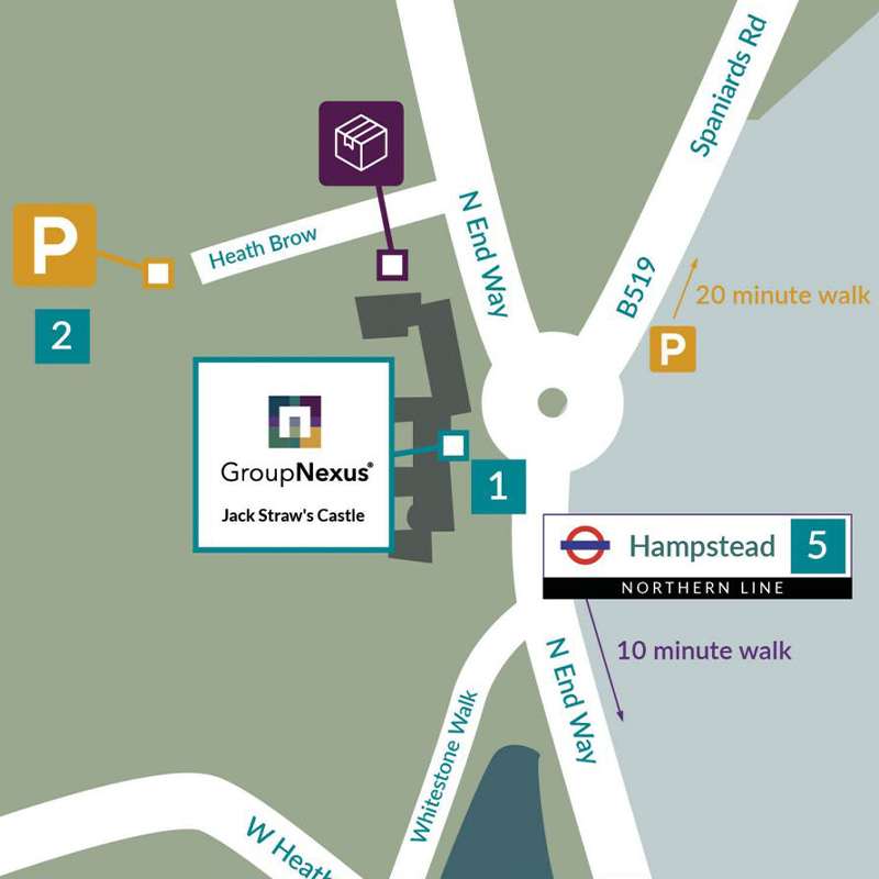 Map showing GroupNexus at Jack Straw's Castle, 12 North End Way, near Hampstead station